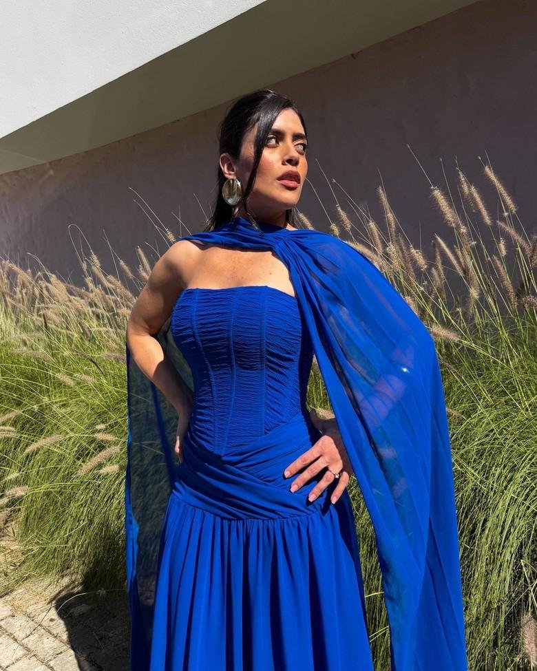 Vestido Longo Azul Ombro a Ombr