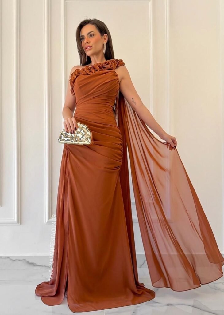 Vestido Longo Terracota com Gola
