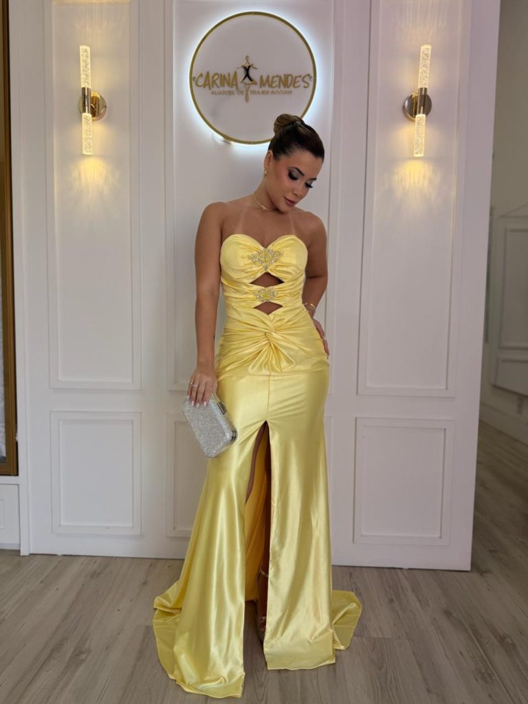Vestido Longo Amarelo Tomara que Caia com Recortes e Fenda – Ref. 1773R