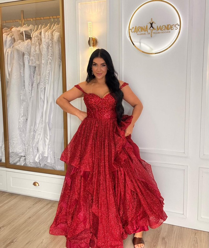 Vestido longo vermelho com glitter, corset e saia em camadas - REF 1409T