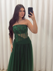 Vestido Longo Verde Escuro Tomara que Caia com Corpete Transparente e Bordado – 1420T