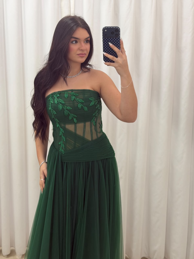 Vestido Longo Verde Escuro Tomara que Caia com Corpete Transparente e Bordado – 1420T