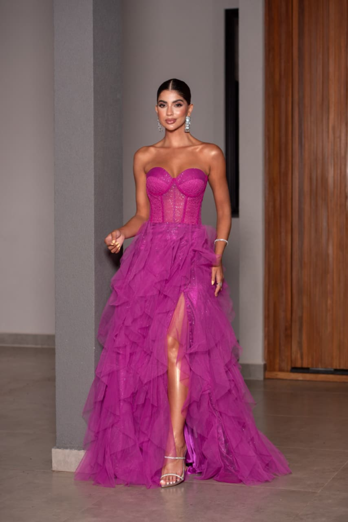 Vestido Longo Pink Tomara que Caia com Babados e Fenda – Ref. 1809V