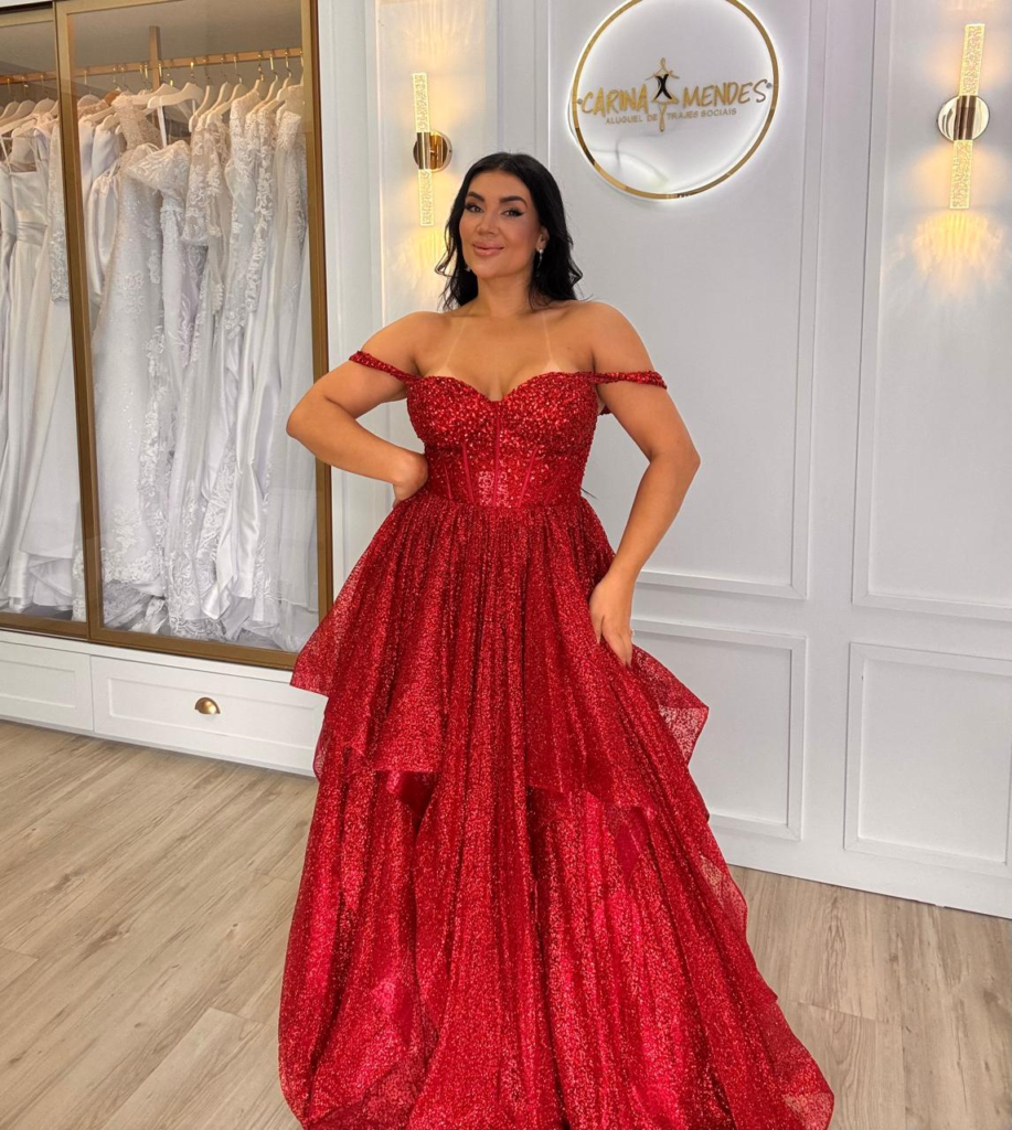 Vestido longo vermelho com glitter, corset e saia em camadas - segunda foto - REF 1409T
