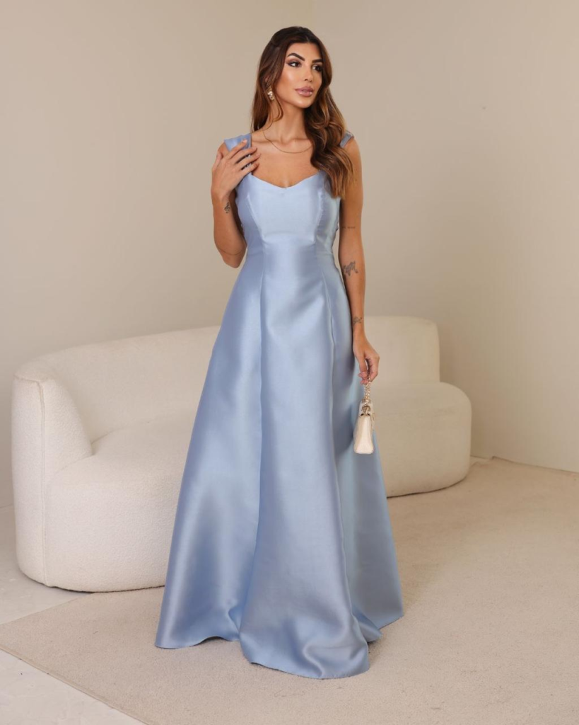 Vestido longo azul serenity evasê com alças - REF 1395C