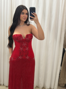 Vestido Longo Vermelho Tomara que Caia com Corpete Bordado e Franjas – Foto 1 – 1422T